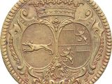 a close up of a gold coin with a dog on it