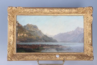 une peinture à l'huile représentant un paysage de montagne avec un lac au premier plan