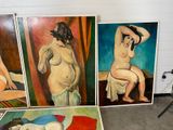 three paintings of a woman sitting on a bed next to a camera