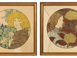 deux tableaux encadrés représentant une femme et un chat dans un jardin