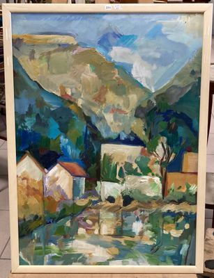 une photo d'un tableau représentant un paysage de montagne, dans un cadre