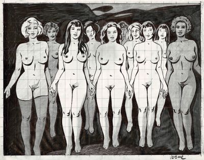 dessin représentant un groupe de femmes nues debout devant un mur