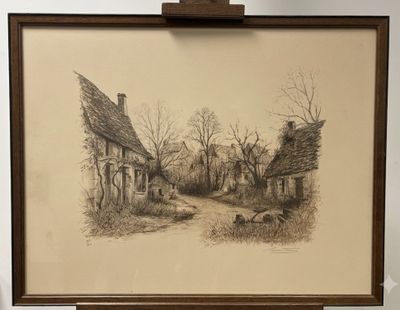 drawing of a village scene with sheep grazing in front of a house