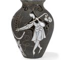 a black vase with a picture of a woman holding a sword