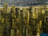 un tableau représentant un paysage urbain survolé par un avion