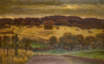 une peinture à l'huile représentant un paysage avec un champ et des arbres