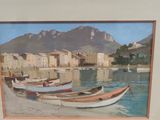 a picture of a painting of boats on the water