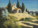 une peinture à l'huile représentant une église sur une colline, avec des arbres en arrière-plan