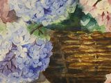 a painting of flowers in a basket on a table