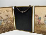 three framed pictures of children playing in a field with a chain