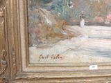 a painting of a woman in a white dress by a river