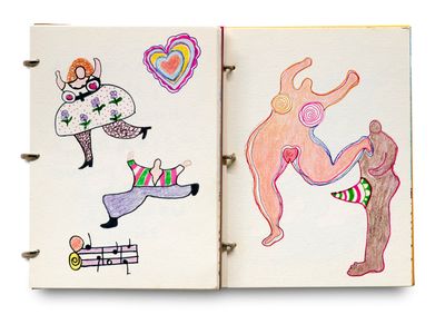 an open book with drawings of people and animals on it