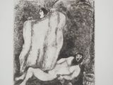a black and white drawing of a woman laying on the ground next to a rock