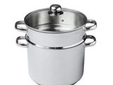 a stainless steel pot with two handles on a white background