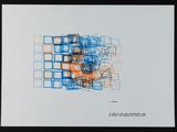 une image représentant un dessin bleu et orange sur une feuille blanche