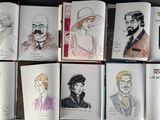 several sketches of people in hats and glasses on a shelf