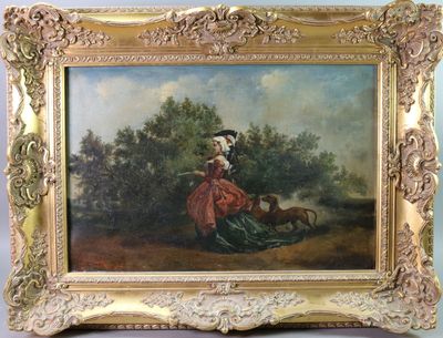 tableau représentant une femme avec un chien dans un paysage arboré