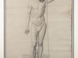 an old drawing of a man standing with a pole in his hand