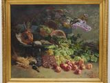 tableau représentant une nature morte composée de fruits et de fleurs, dans un cadre doré