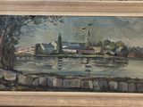 an image of a painting of a river with a church in the background