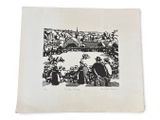 a black and white drawing of a group of people sitting around a table