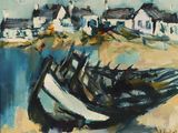 un tableau représentant un bateau sur une plage, près d'une maison
