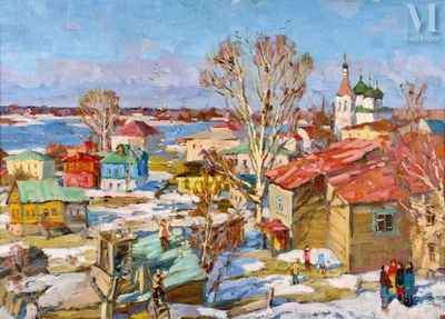 an image of a painting of a village in the snow