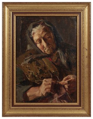 un tableau représentant une vieille femme tenant un éventail dans ses mains
