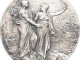an image of a silver medal depicting a woman and a man