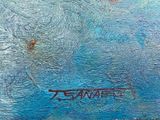 a close up of a painting of a person on a surfboard