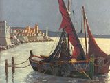 a painting of a boat in the water near a lighthouse
