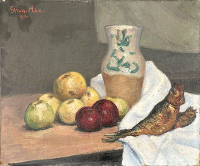 a painting of a vase, apples, and fish on a table