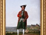 an oil painting of a man in a red coat and green pants