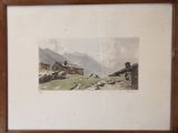 an old picture of a mountain scene with a house in the foreground