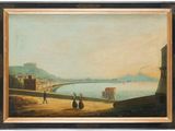 une image représentant une peinture représentant une vue d'une ville au bord de l'eau