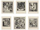 une série de six illustrations en noir et blanc représentant des personnes dans les bois