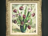 a painting of a vase of tulips on a table