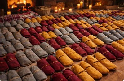 de nombreuses paires de pantoufles disposées sur une table