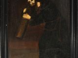 un tableau représentant un homme portant une croix, dans un cadre noir