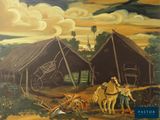 a painting of a man and a woman with horses in front of a barn