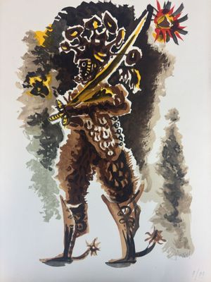 tableau représentant un homme tenant une épée et une fleur à la main