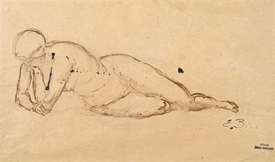 dessin représentant une femme nue allongée sur le sol, un chapeau sur la tête