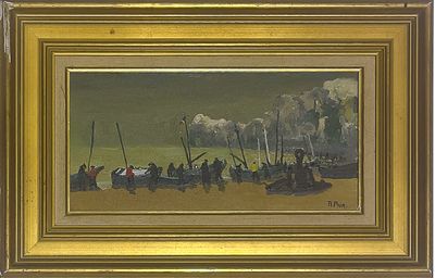 une peinture à l'huile représentant un groupe de personnes sur une plage, avec des bateaux