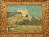 une peinture à l'huile représentant un château sur une colline avec des arbres au premier plan