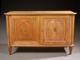 a wooden cabinet with two doors and two drawers on one side
