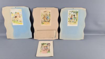 three framed pictures of children ' s pictures on a blue background