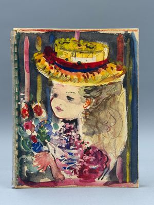 un tableau représentant une femme coiffée d'un chapeau et tenant un bouquet