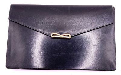 black leather envelope with a gold clasp on a white background
