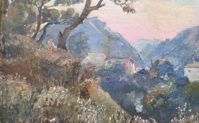 tableau représentant une vue d'un village de montagne avec un arbre
