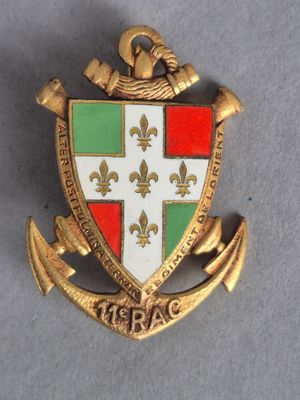 une image représentant un insigne de couleur dorée orné d'un blason rouge, vert et blanc